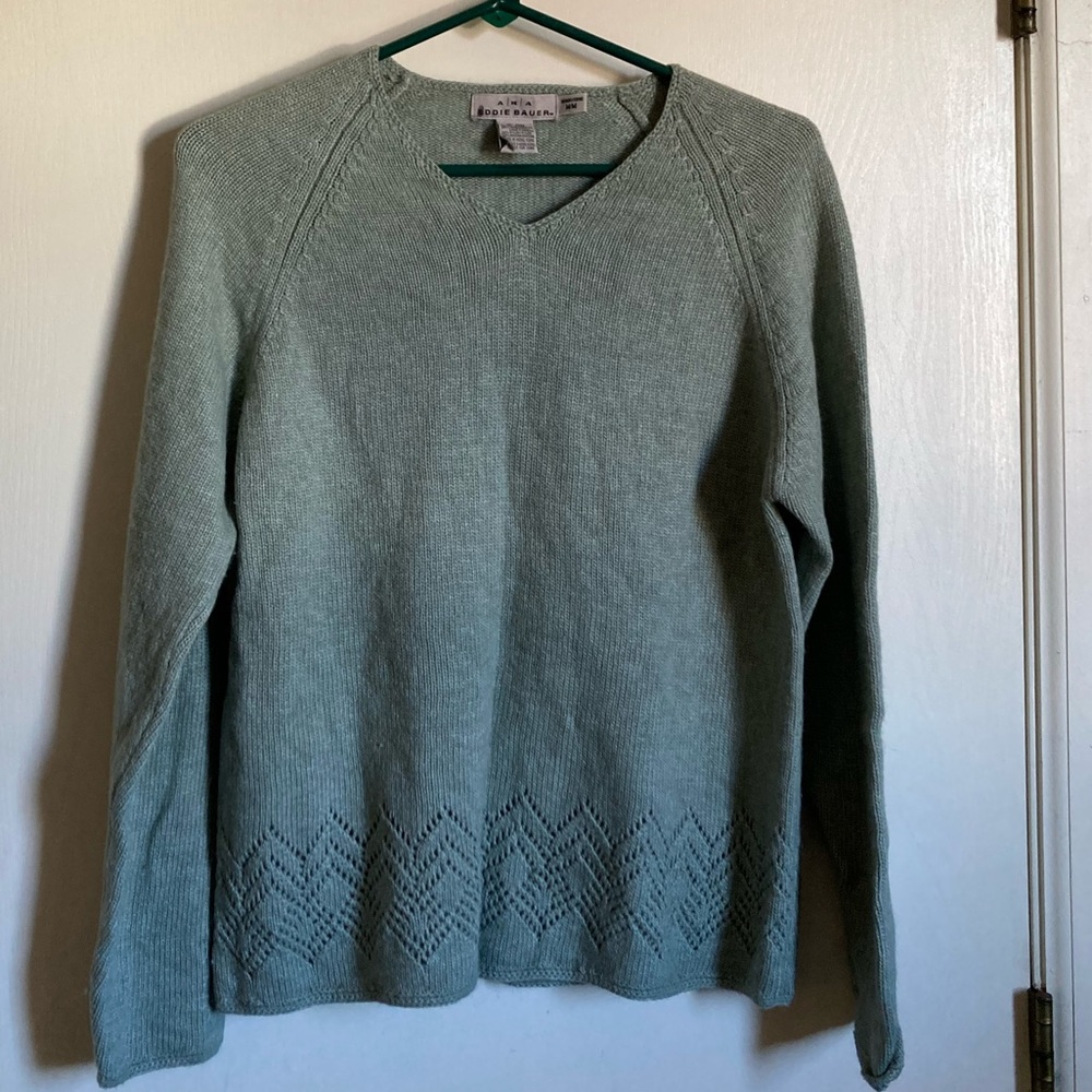 *AKA Eddie Bauer Vintage Sage Lambswool Blend Knit Pattern Medium Sweater#P